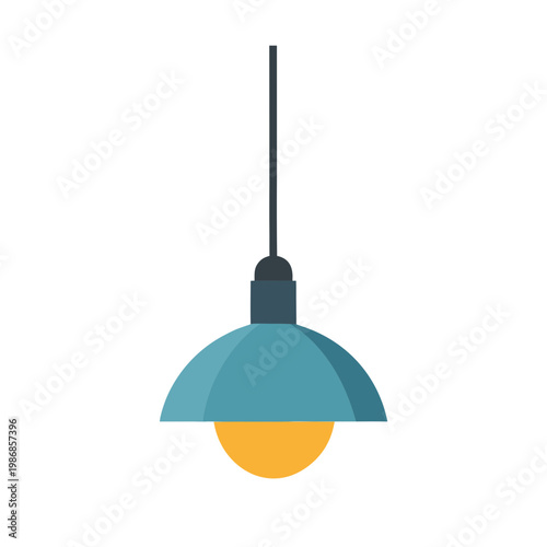 Modern industrial style pendant light with blue metal shade and yellow bulb hanging