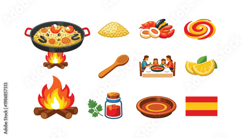 Paella vector icons set including food ingredients and cooking methods