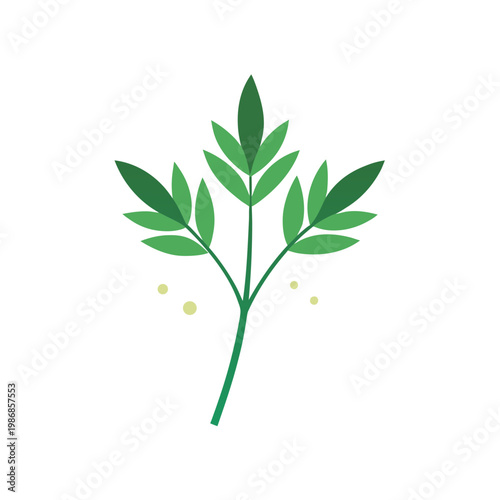 Green plant sprig with multiple small leaves and yellow dots, isolated on transparent background vector