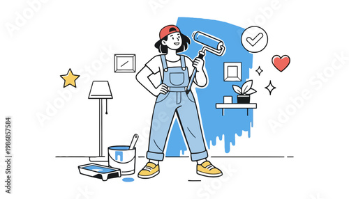 Painter woman in overalls holding a paint roller in a room