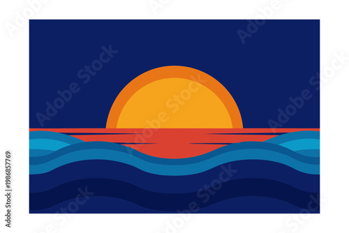 Dramatic ocean sunset with deep blue waves and red reflections flat design illustration