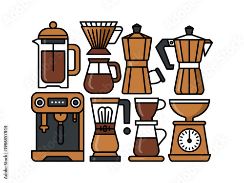 A collection of various coffee makers and brewers on a white background