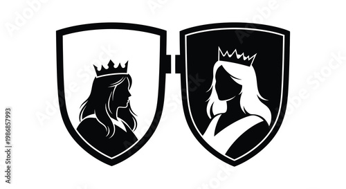 Two ornate shields display regal women in profile one with long hair and the other crowned rendered as a silhouette
