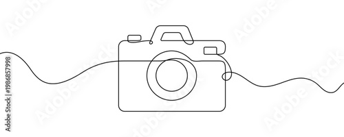 Illustration of a photo camera, made in one continuous line. Minimalistic drawing of a camera for travel and photography in the style of one line art. Vector illustration.