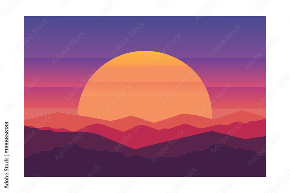 Obraz premium Mountain range sunset vector landscape with purple sky and layered peaks for adventure background