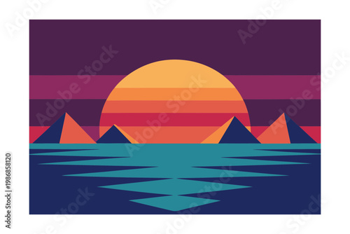 Egyptian pyramid landscape at dusk with sun reflection on water in stylized flat vector graphic