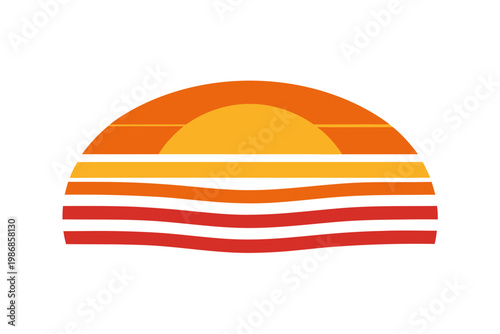 Abstract striped sun emblem with wavy red and orange bands isolated on transparent background art