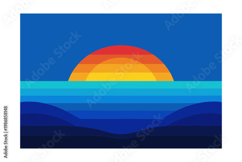 Vibrant blue ocean sunset with layered horizontal stripes and wavy hills in flat vector style art