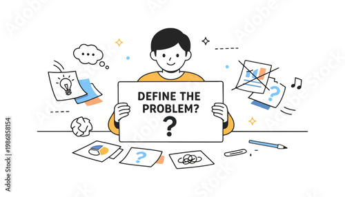 Problem solving concept with a boy holding a question mark sign