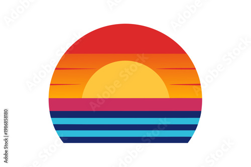 Retro synthwave sun vector icon with colorful stripes and gradient for vintage eighties projects