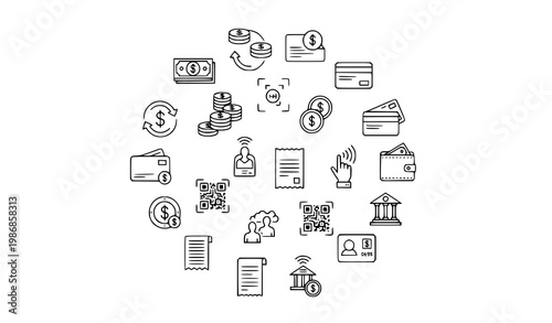Modern circular payment icons with credit card cash wallet contactless and banking symbols line art vector set