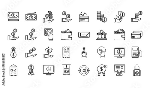 Geometric payment outline icon collection with cash card wallet receipt and contactless purchase symbols