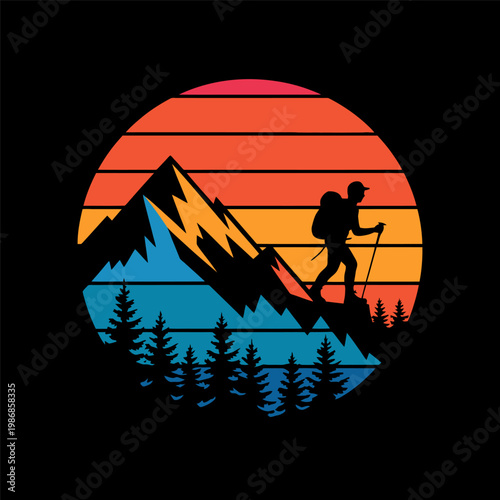 Hiker Mountain Sunset Retro Silhouette Illustration