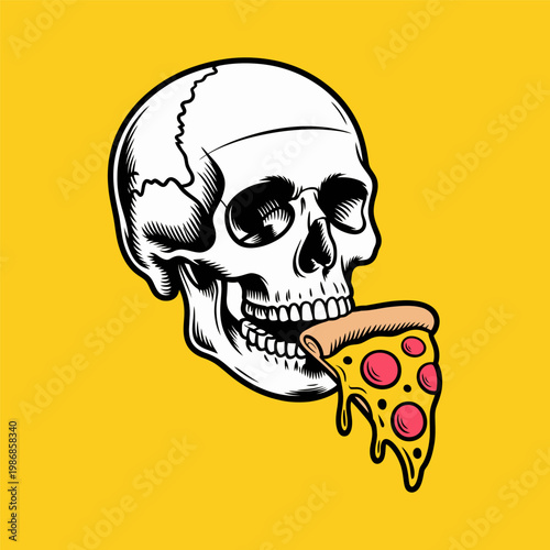 Vinatge Skull Eating Pizza Slice Cartoon Illustration