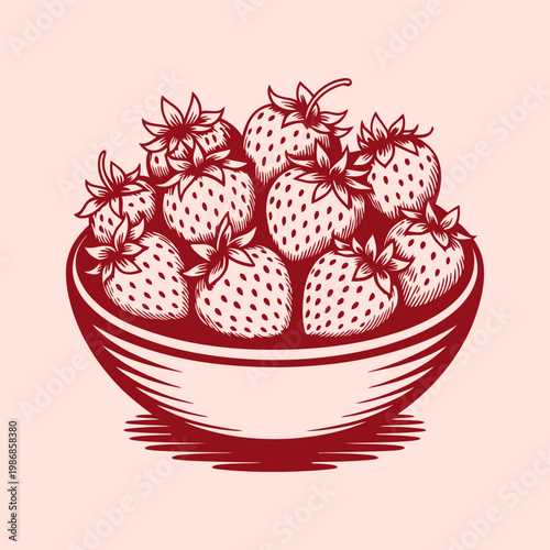 Strawberry Bowl Vintage Line Art Illustration