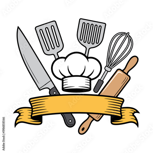Cooking Utensils With Chef Hat and Ribbon Banner Illustration