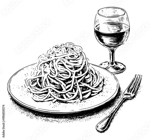Spaghetti pasta plate with wine italian dinner illustration