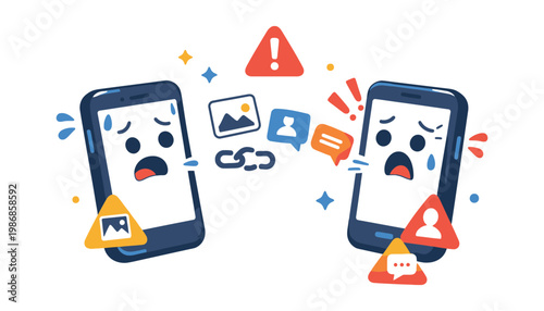 Smartphone vector illustration of two phones with worried faces exchanging warnings