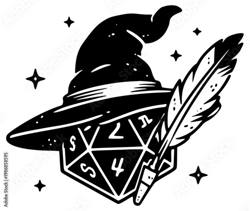 Fantasy dice D20 wizard hat role playing game illustration