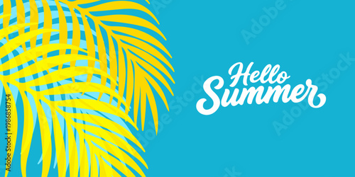 Summer time background with palm trees, Beach umbrella with chairs on the sand. summer sky and sea.Tropical leaves .Summer greeting clipart poster set with tropical palm leaves.