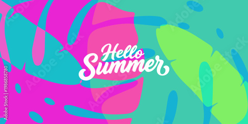 Summer time background with palm trees, Beach umbrella with chairs on the sand. summer sky and sea.Tropical leaves .Summer greeting clipart poster set with tropical palm leaves.