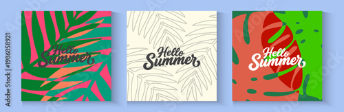 Summer time background with palm trees, Beach umbrella with chairs on the sand. summer sky and sea.Tropical leaves .Summer greeting clipart poster set with tropical palm leaves.