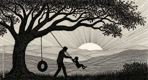 Silhouette Parent Pushing Child On Swing Under Tree.