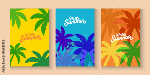 Summer time background with palm trees, Beach umbrella with chairs on the sand. summer sky and sea.Tropical leaves .Summer greeting clipart poster set with tropical palm leaves.