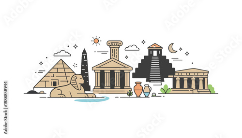 Ancient Egyptian vector illustration of famous landmarks and monuments