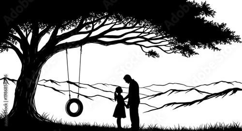 Silhouette Parent And Child Standing By Tree Tire Swing.