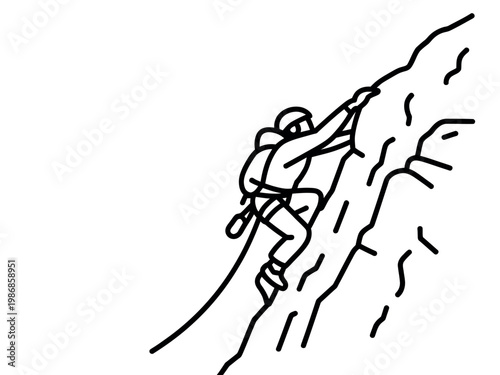 A person wearing a backpack is rock climbing up a steep mountain side with a rope