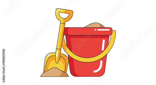 A vibrant illustration depicts a red beach bucket with a yellow handle and shovel creating a playful summer scene silhouette