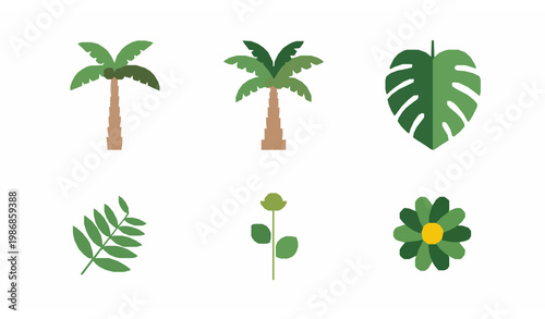 A collection of various green plants and flowers on a white background