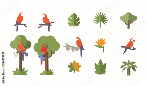 A colorful illustration of parrots and tropical trees with leaves and flowers