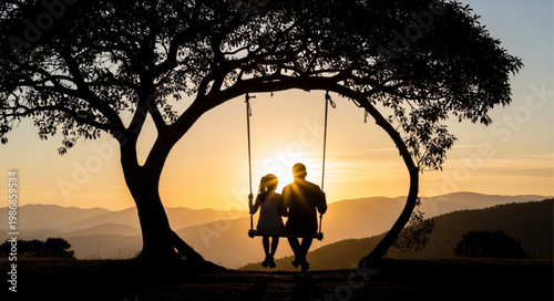 Silhouetted Couple Riding A Swing Together.