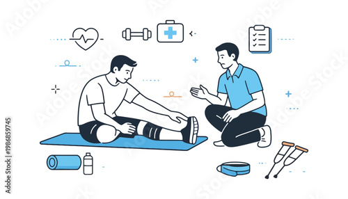 A physiotherapist helping a patient with a knee injury on a mat