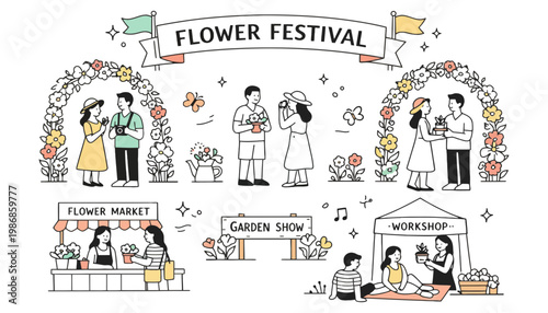 Flower festival illustration with people at a garden show and market