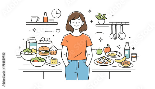A woman standing in front of a table with various healthy food options