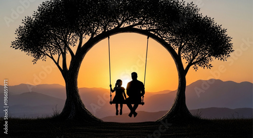 Silhouetted Couple And Child On Circular Swing At Sunset.
