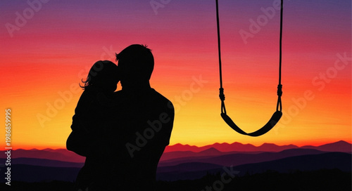 Silhouetted couple embracing at sunset together.