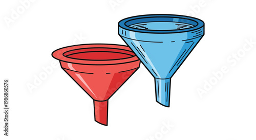 A colorful illustration depicting two funnels one red and one blue presented as a simple graphic silhouette high quality professional detailed