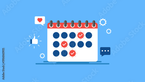 Social media marketing. scheduler. Schedule social media post. Social media marketing calendar with like, comment, and setting icons, perfect for businesses aiming for success in online engagement.