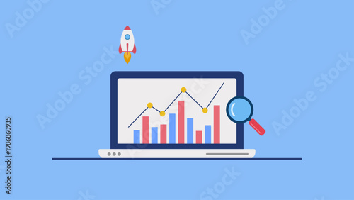 Seo analysis. Search engine optimization laptop with data analysis and rocket launch symbolize website growth strategies. Suitable for digital marketing and technology concepts.