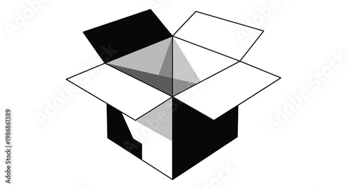 An unfolded cardboard box depicted with geometric shapes and contrasting shades creating a striking silhouette high quality professional detailed modern elegant