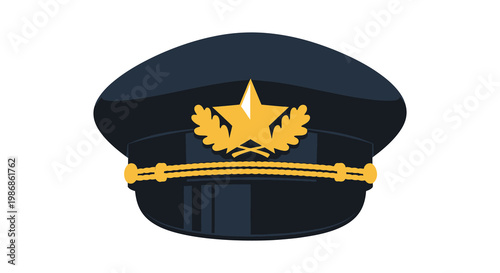 A detailed image showcases a dark blue police cap with a golden star emblem presented as a silhouette high quality professional