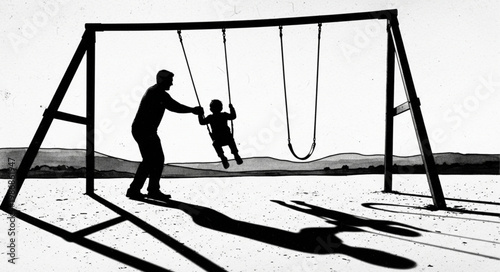 Silhouette of adult pushing child on swing in park.