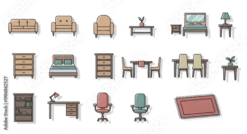 Collection of various furniture items and home decor elements.
