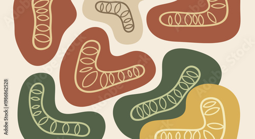 Abstract organic shapes with doodle lines in earthy tones.