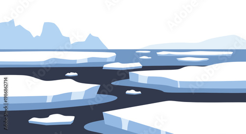 Arctic Icebergs Floating in Cold Ocean Water Landscape.