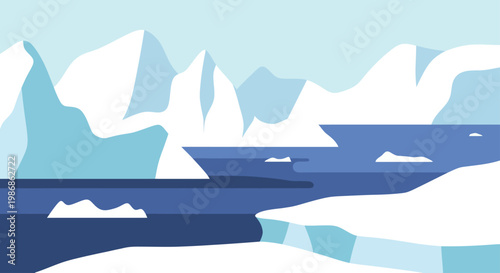 Arctic landscape with icebergs and snow-covered mountains in a cold environment.